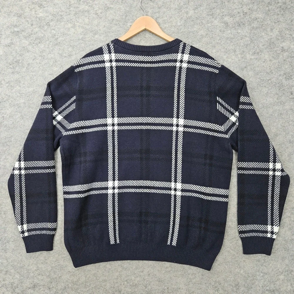NEW Stafford Sweater Mens XL Navy Windowpane Plaid Long Sleeve Cotton/Wool Blend